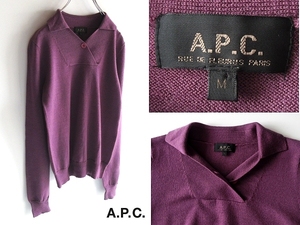 希少 イーストバイウエスト期 00sビンテージ A.P.C. アーペーセー ウール カシミヤ 襟付き プルオーバー ニット シャツ M パープル 紫