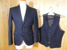 c15◆SUIT COLLEGE 2Bシングルスーツジャケット◆ベスト付き ネイビー/ストライプ 背抜き センターベンツ ウール70％ポリエステル30％ 5A_画像1