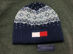 USA正規品 トミーヒルフィガー TOMMY HILFIGER 厚手 ニットキャップ ニット帽 ビーニー 紺 ネイビー ビッグフラッグ刺繍 フリース