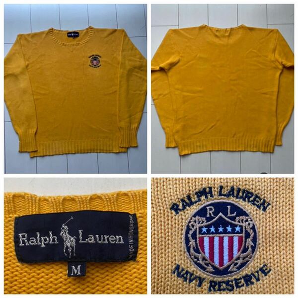 送料無料 90s vintage ビンテージ POLO ラルフローレン navy reserve エンブレム knit ニット セーター yellow イエロー RRL COUNTRY 92 L