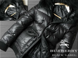 リバーシブル　ブラック＆シャドーチェック　ラクーンファーダウンジャケット　サイズM▼バーバリーブラックレーベル BURBERRY BLACK LABEL