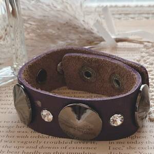 USED кожа браслет лиловый фиолетовый камень *vintage jewelry accessories 0690