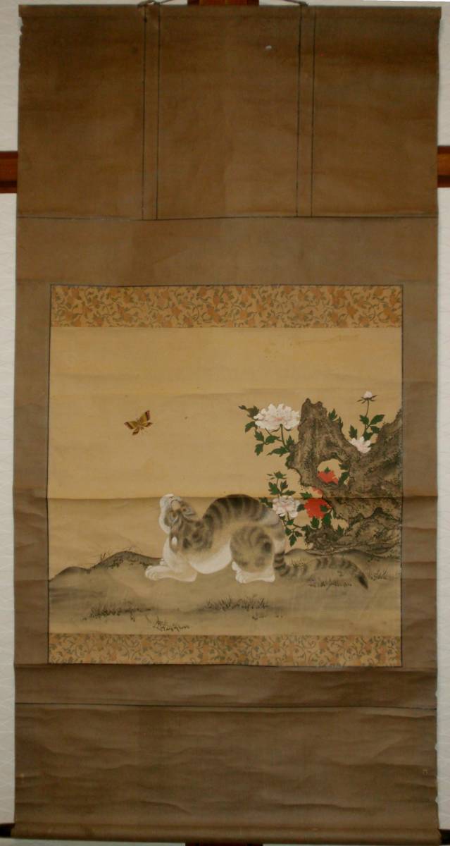 Période Edo inconnue Parchemin suspendu chat et pivoine, peinture, Peinture japonaise, fleurs et oiseaux, oiseaux et bêtes