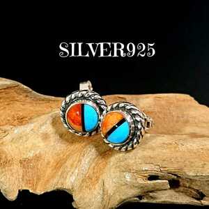 5458 SILVER925 коралл & бирюзовый серьги серебряный 925 натуральный камень раздельный индеец ювелирные изделия круг раунд оникс красивый камень 