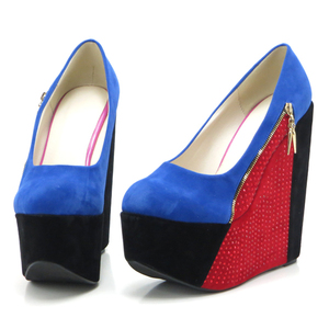  new goods large size pumps blue 26cm suede style thickness bottom storm Wedge sole decoration fastener multicolor high heel 103110