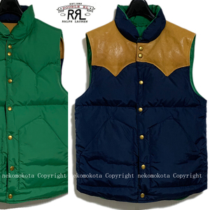 RRL REVERSIBLE DOWN VEST レザーヨーク リバーシブル ダウン ベスト XS ネイビー グリーン ダブルアールエル メンズ ラルフローレン