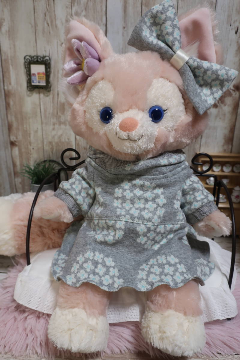 Hydrangea pattern, small floral grey, with ribbon, Lina Belle size S costume, stuffed animal clothes, handmade, hoodie-style dress, character, Disney, ShellieMay