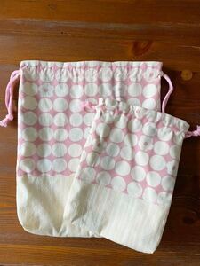 ! gym uniform sack * lunch sack 2 point set pouch * hand made pink dot Homme tsu inserting . Western-style clothes sack 