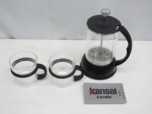 ★YC6482　未使用品　KANSAI　コーヒーポット　カップ　3点セット　0.6L　耐熱　ポット　ガラス　レトロ　送料無料★