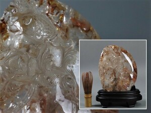 天然水晶 魚彫刻 置物 台付 高20cm 重1337g パワーストーン 天然石 細密細工 古美術品 [b104]