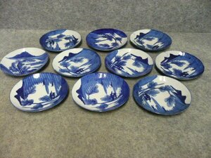  Seto . blue and white ceramics hand salt plate 10 sheets [B31467] height 3cm diameter 16cm landscape .. boat old . old fine art 