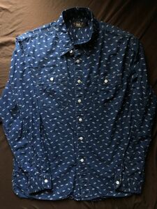 【名作】極美品 RRL INDIGO WORK SHIRTS ダブルアールエル インディゴ 抜染 総柄 本藍染め デニム ワーク シャツ ラルフローレン XL