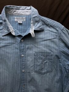  【希少】極美品 RRL FADED INDIGO STRIPE WORK SHIRT ダブルアールエル フェード インディゴ ストライプ ワーク シャツ ヴィンテージ L