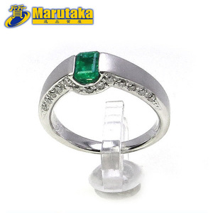  free shipping Pt900 emerald 0.45ct ring 11 number with diamond simple design ring matted excellent article pawnshop circle height 