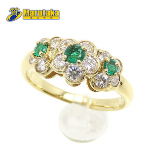  free shipping emerald diamond ring flower flower type 18 gold yellow gold K18 E0.22ct D0.60ct 11.5 number jewelry excellent article pawnshop 