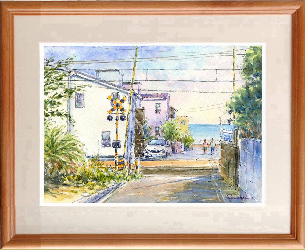 ★Aquarelle★Peinture originale Enoden, passage à niveau avec vue sur la mer, Shichirigahama #582, peinture, aquarelle, Nature, Peinture de paysage