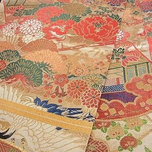 花美人■アンティーク 大正ロマン 丸帯 飛鶴地紙風景花文 金糸 逸品 rt1636の画像6