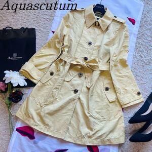 【良品】Aquascutum トレンチコート イエロー ブロックチェック 6S アクアスキュータム 黄色 ライトアウター スプリングコート ベルト