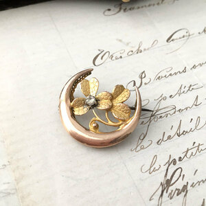  three day month . clover. Gold brooch * and downward for searching antique Vintage necklace pendant moon France Shamrock 