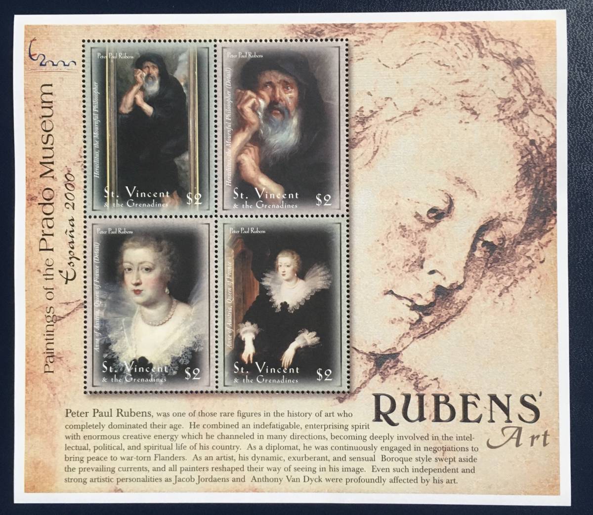 [Picture Stamp] St. Vincent and the Grenadines Stamp Spain 2000 Rubens Small Sheet Weeping Philosopher Heraclitus Unused Good Condition, antique, collection, stamp, postcard, south america