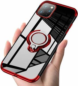 iPhone 12Pro Max（6.7インチ）用【赤色】スマホリング付きケース 透明 クリア マグネット式車載ホルダー対応 アイホン レッド色アイフォン