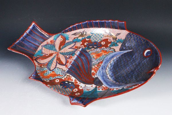 江戸期 元禄 古伊万里 色絵金彩唐草文兎図魚型大皿 47cm 旧家蔵出品 ...
