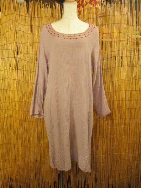 ④新品*二枚重ね*ガーゼコットン素材*ナチュラル風*ハンドステッチ*長袖*ミドル丈*ワンピース