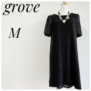 【美品】grove★グローブ★半袖ワンピース★パフスリーブ★シフォン★ブラック★Mサイズ