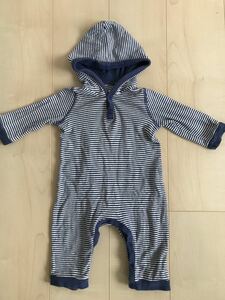 baby GAP ベビー ギャップ フード付き ボーダー ロング ロンパース ファスナー ジップ ホワイト カバーオール ルームウエア スナップボタン