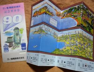 江ノ電(江ノ島電鉄)「開通90周年 記念乗車券」(屏風折1枚もの,4券片)　1992