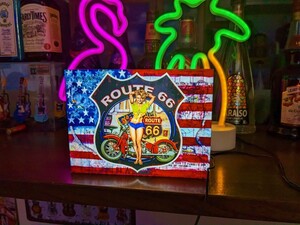 ROUTE66(Biker woman) ルート66 アメリカンバイク 星条旗 標識 テーブル カウンター ミニチュア 看板 ライトBOX 置物 雑貨 LED 電飾看板