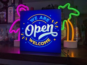 OPEN オープン 開店 営業中 ポップアート いらっしゃいませ ミニチュア サイン ランプ 店舗 看板 置物 雑貨 ライトBOX 電飾看板 電光看板