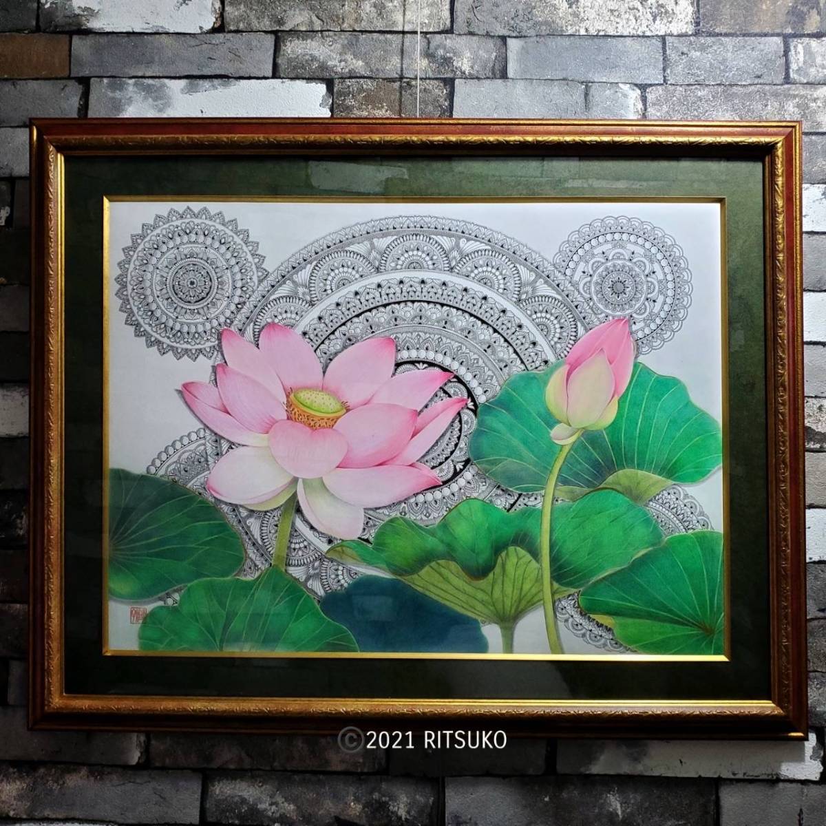 Loto original único pintado a mano con marco Pintura de loto dibujo a bolígrafo Artista japonés dibujo a lápiz de colores 57 x 72 cm Cuadro de pintura Arte enmarcado Interior Regalo, obra de arte, cuadro, otros