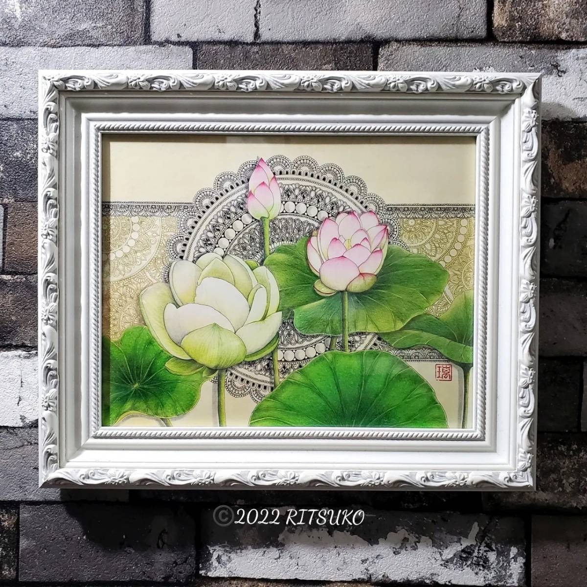 Original painting, one of a kind, hand-painted lotus, framed, lotus painting, ballpoint pen drawing, Japanese artist, colored pencil drawing, 30.5 x 26 cm, painting, picture, framed, art, interior, gift, Artwork, Painting, others