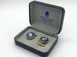 ■【YS-1】 ウェッジウッド WEDGWOOD カフス ■ 馬 ホース 円形 ジャスパーブルー × GP ゴールド系 トップ2cm 【同梱可能商品】K■