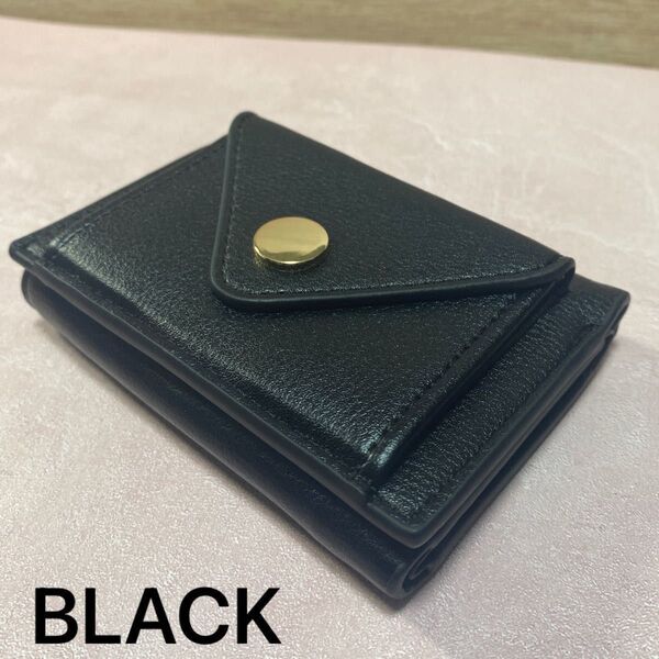 【BLACK】三つ折りコンパクトミニウォレット レディース 財布 ブラック コインケース 小銭入れ 小さい財布 コインケース