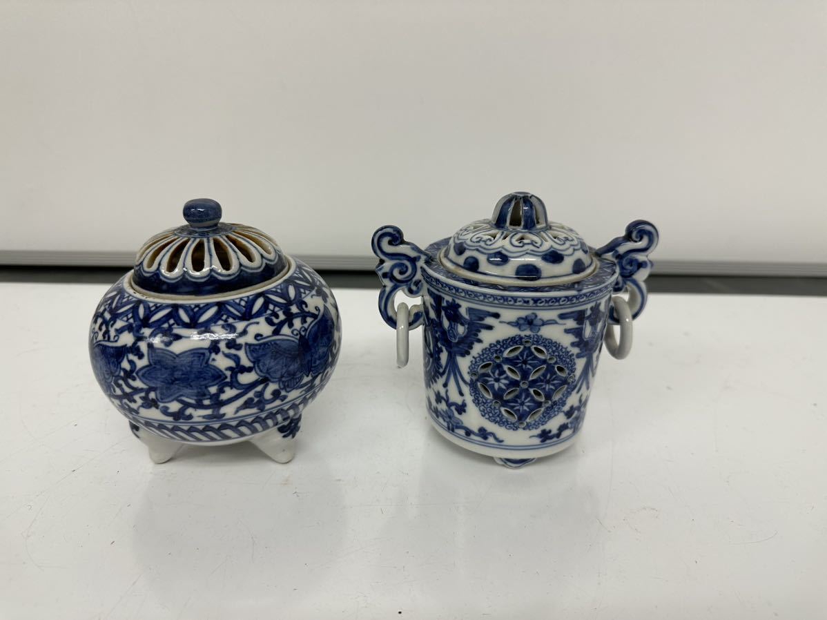 ♢九谷焼染付 山水紋様 獅子飾り 豆香炉 道八 箱入 明治時代骨董品