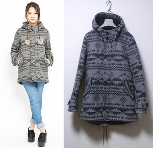 エックスガール X-GIRL トライバル柄 BONDING HOODED LONG COAT ボンディング ボア フード コート 2