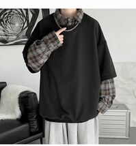 メンズ Tシャツ トレーナー 韓国風 重ね着風 長袖 大きいサイズ ゆったり チェック柄 春秋 メンズファッションJUAS068(2色M-2XL)_画像8