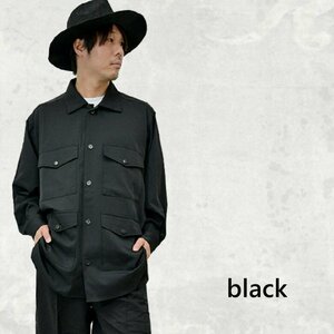 とろみ素材 4ポケットシャツ オーバーサイズ ビッグシルエット ブラックシャツ 黒 シャツジャケット フラップポケット 30813 ブラック/M