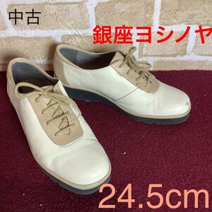 [ selling out! free shipping!]A-271 Ginza yo shino ya!GINZA Yoshinoya! leather shoes! cream! beige!24.5cm! leather sneakers! used! made in Japan!