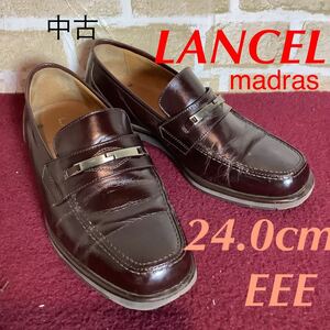 [ selling out! free shipping!]A-274 LANCEL!madras! Loafer! Brown!24.0cm EEE! made in Japan! tassel Loafer! business! used!