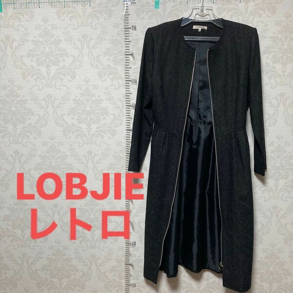 LOBJIE デニム調ワンピース　肩パッド付　前全面ジッパー　レトロ　ひざ下丈　シルク混