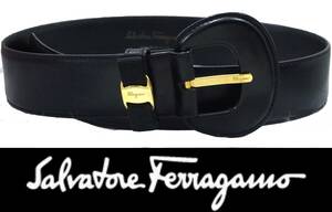 送料350円~(即決は送料無料)Ferragamoヴァラ リボンベルト65cm 67.5cm 70cmブラック×ゴールド金具レディース 黒サルヴァトーレ フェラガモ