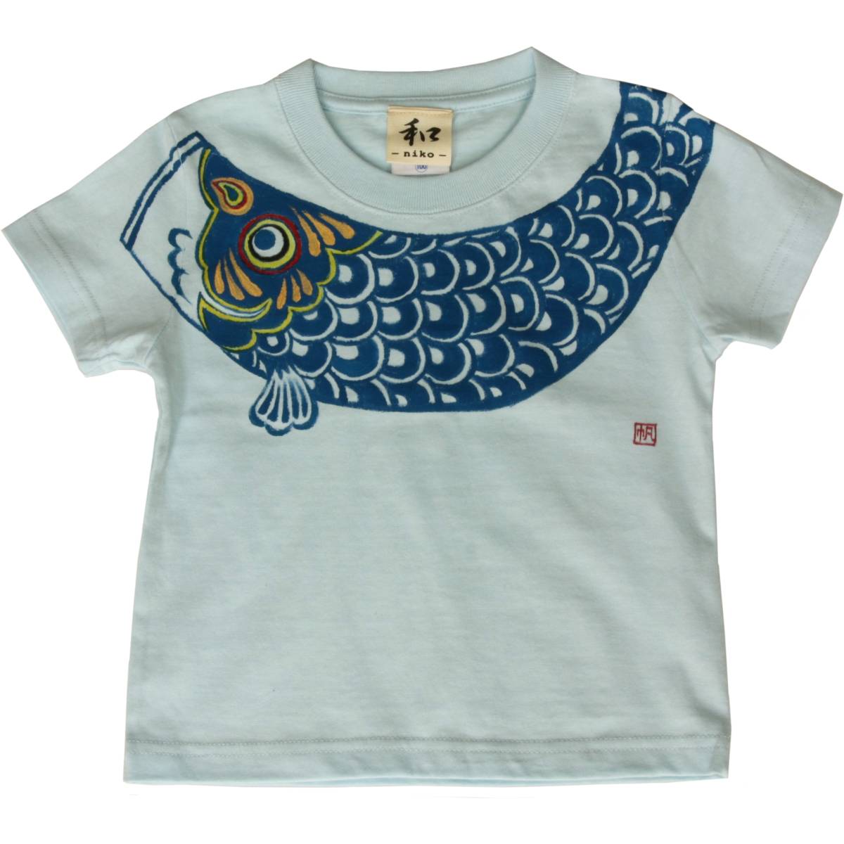 아동복 키즈 T 셔츠 150 사이즈 하늘색 잉어 무늬 T 셔츠 수제 손으로 그린 T 셔츠 일본식 디자인 어린이 날 소년 축제 5 월, 상의, 반소매 티셔츠, 150(145~154cm)