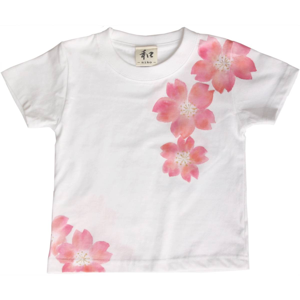 Children's Clothes Kids T-Shirt Size 90 White Dance Cherry Blossom Pattern T-Shirt Handmade Hand-Painted T-Shirt Japanese Pattern Spring White, short sleeve, for girls, 90(85~94cm)