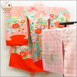 * kimono 10* 1 jpy silk child kimono The Seven-Five-Three Festival for girl 3 -years old for gold piece embroidery ...... crane underskirt set . length 96cm.47.5cm [ including in a package possible ] **