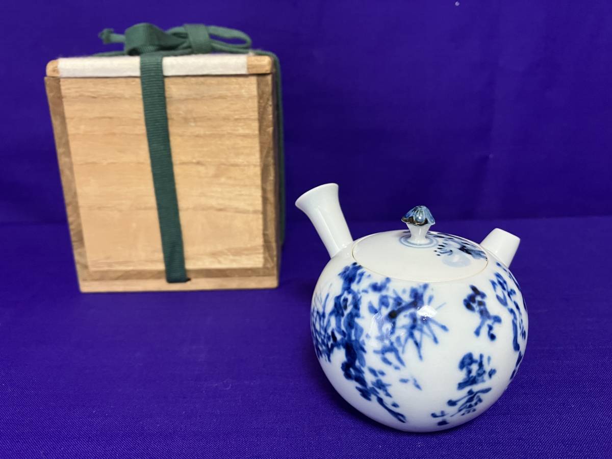 ♢九谷焼染付 山水紋様 獅子飾り 豆香炉 道八 箱入 明治時代骨董品