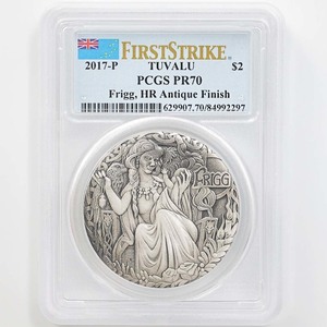 2017 ツバル プルーフ ハイリレーフ 2 オンス 北欧の女神 フリッグ 銀貨 PCGS PR 70 FS 初鋳版 Antique Finish 最高鑑定 完全未使用品