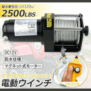 超長いワイヤー12ｍ ★DC12V 電動ウインチ 最大牽引 2500LBS（ 1134kg）ホイスト 引き上げ機 牽引 防水仕様 ★マウント用プレート付き